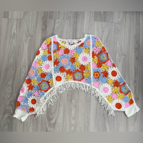 House of Harlow 1960 Crochet Floral Fringe Sweater Boho Festival One Size NWOT - Picture 1 of 6